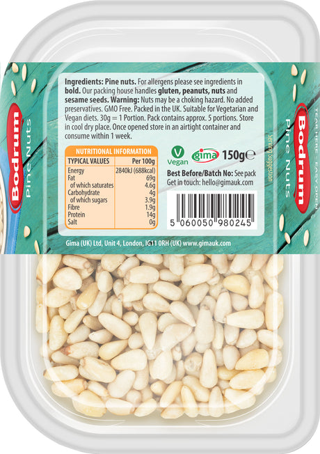 Packaged pine nuts with a label showing ingredients and nutritional information.