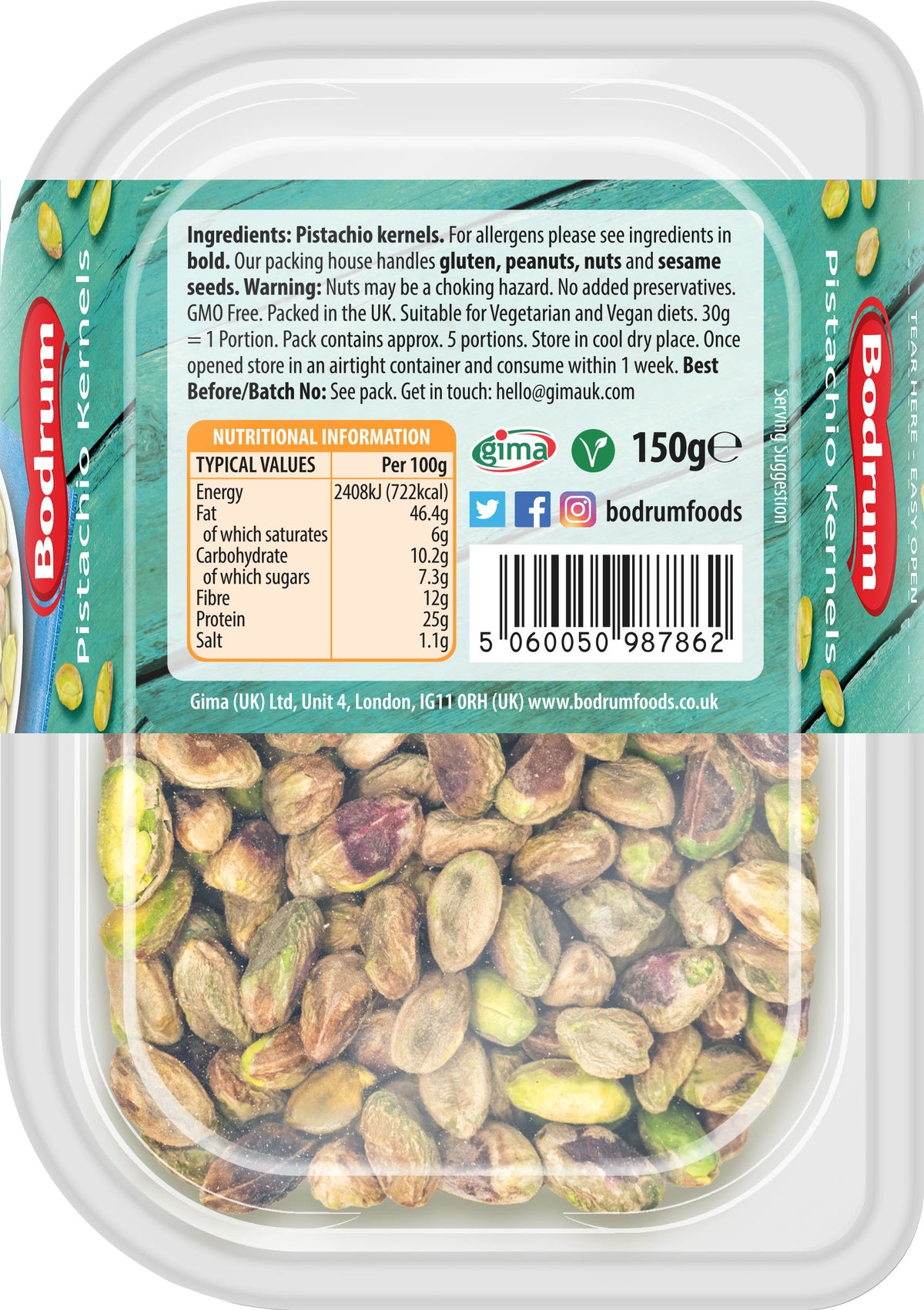 Packaged pistachio kernels with a clear lid showing nutritional information and branding.