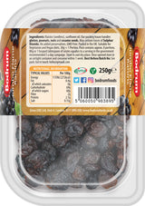 Packaged dried fruits with a clear lid, showing brand and nutritional information.