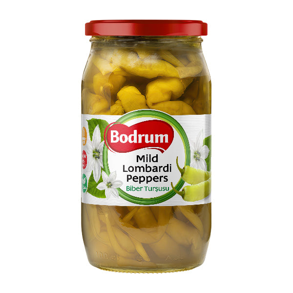 Jar of Bodrum Mild Lombardi Peppers on a white background
