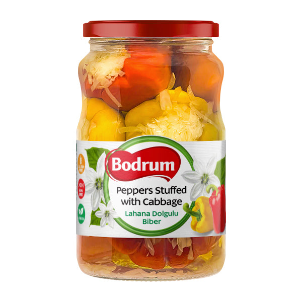 Jar of Bodrum Peppers Stuffed with Cabbage on a white background