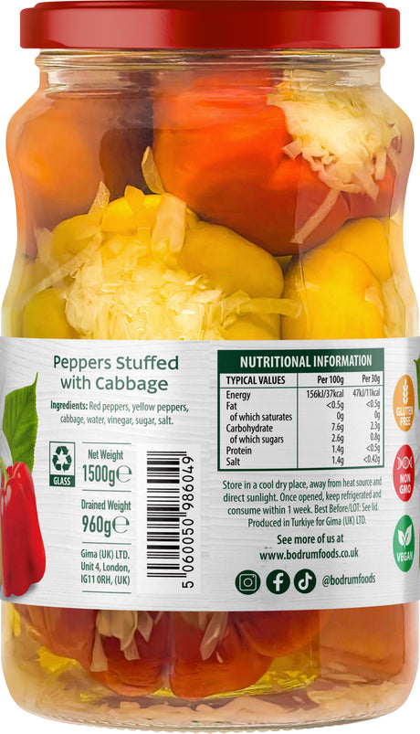 Jar of peppers stuffed with cabbage with nutritional information label