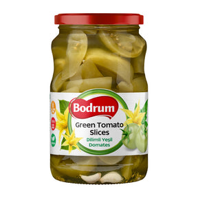 Jar of Bodrum Green Tomato Slices on a white background