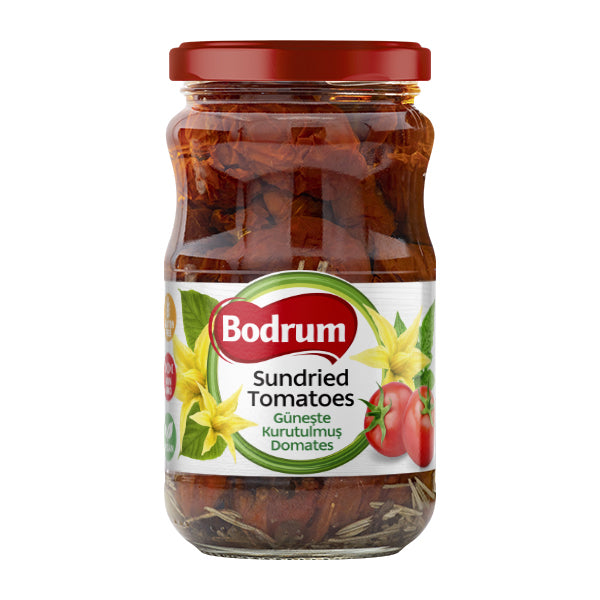 Jar of Bodrum sundried tomatoes on a white background