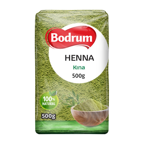 Bodrum Henna Kina package with green henna powder and a bowl on a white background