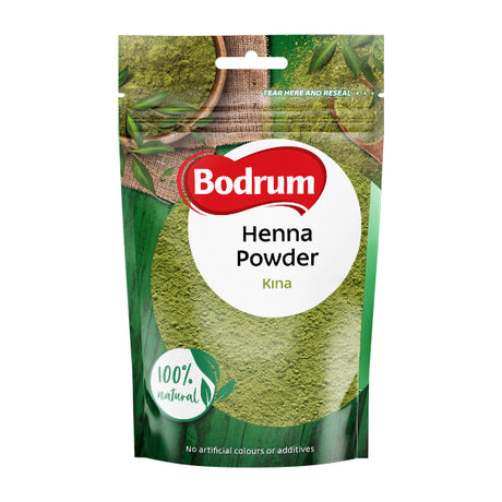 Packaging of Bodrum Henna Powder with green henna leaves on a white background