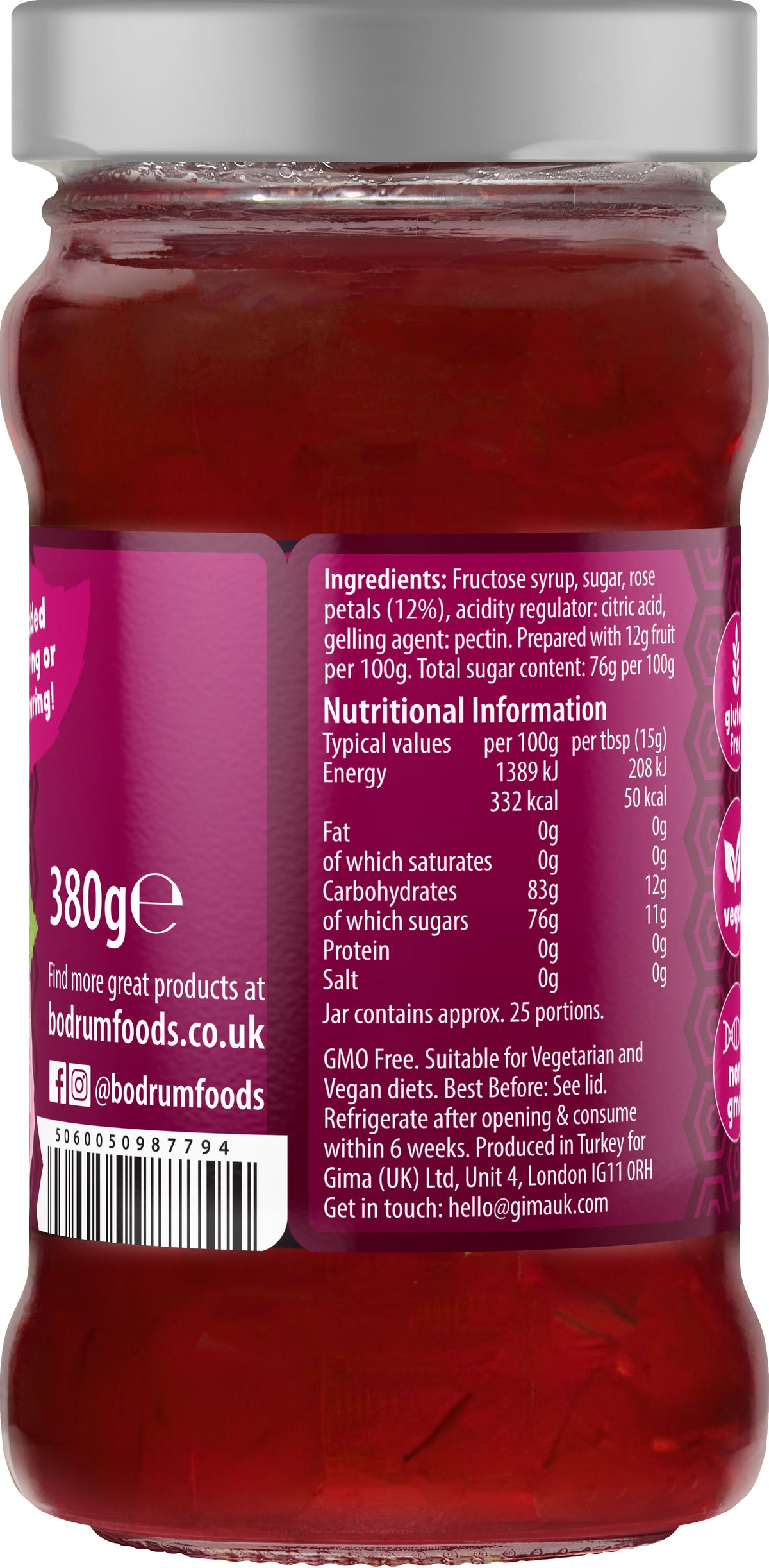 Jar of jam with a label showing ingredients and nutritional information.
