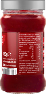Jar of strawberry sauce with nutritional information label