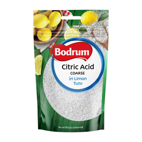 Packaging of Bodrum Citric Acid with lemons on a white background