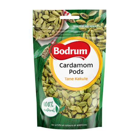Packaging of Bodrum Cardamom Pods on a white background