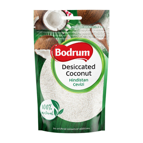 Packaging of Bodrum desiccated coconut with coconut images on a white background