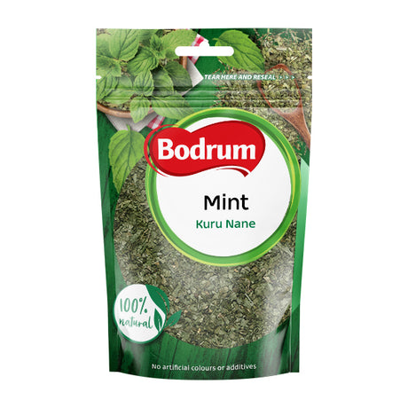 Bodrum mint packaging with green herbs and brand logo on a white background