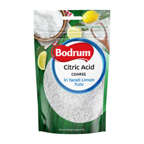 Packaging of Bodrum Citric Acid with lemon slices on a white background