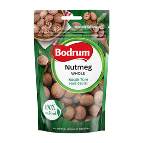 Packaging of Bodrum whole nutmeg with a green background