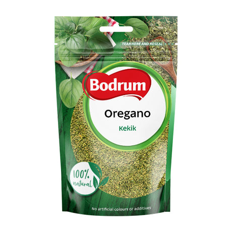 Bodrum oregano packaging with green background and visible oregano leaves.