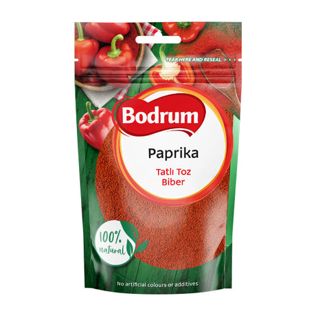 Bodrum paprika packaging with red peppers on a white background
