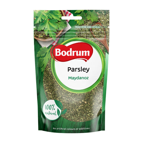 Packaging of Bodrum Parsley with green leaves on a white background