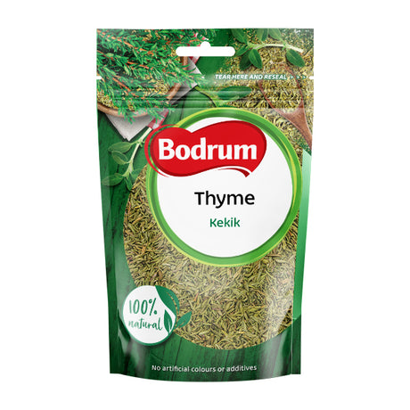 Packaging of Bodrum Thyme with green leaves on a white background