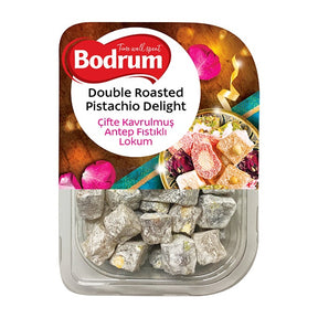 Packaged dessert with 'Bodrum' branding and roasted pistachio flavor description.