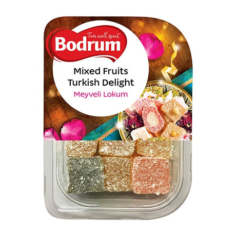 Packaged mixed fruits Turkish delight with Bodrum branding on a white background