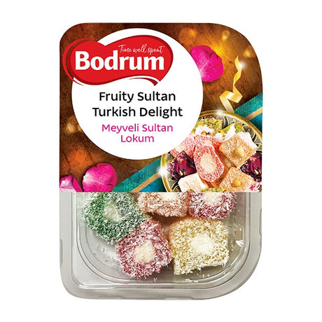 Packaging of Bodrum Fruity Sultan Turkish Delight with colorful lokum.