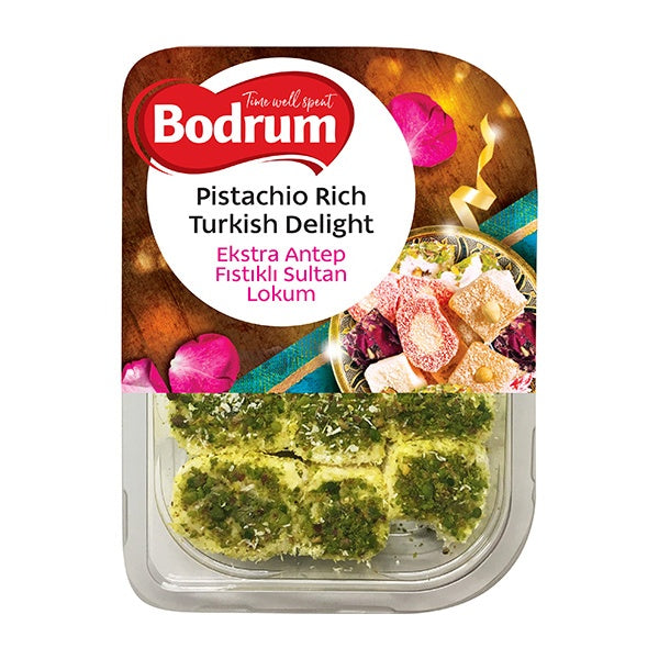 Packaged pistachio-rich Turkish delight with Bodrum branding on a white background
