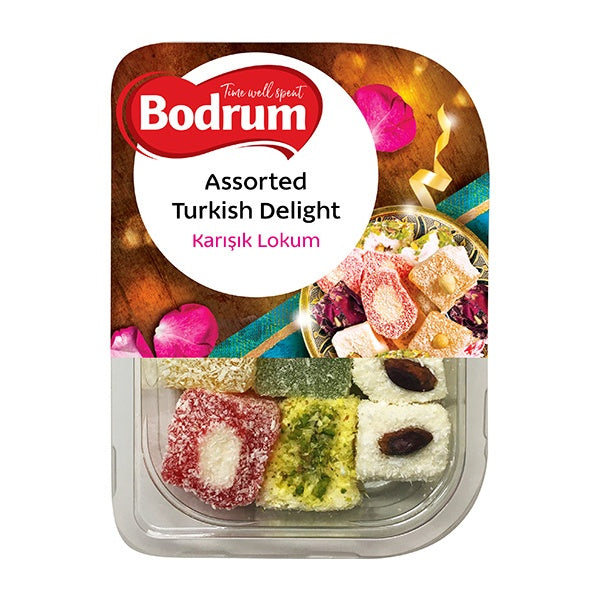 Packaged assorted Turkish delight with Bodrum branding on a white background