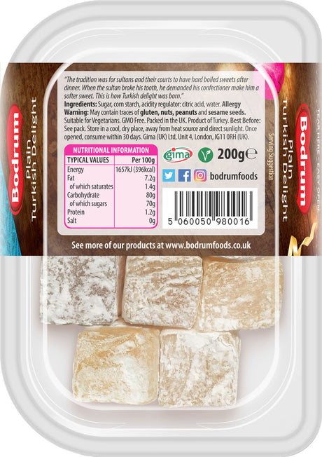 Packaged Turkish delight with Bodrum Foods branding and nutritional information.