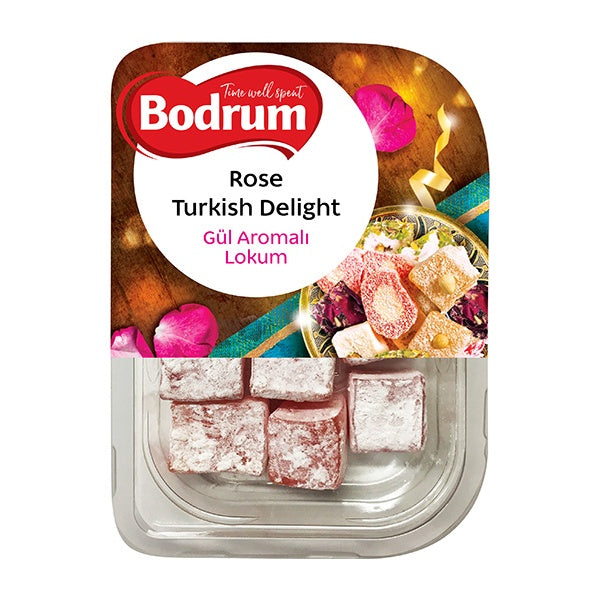 Bodrum Rose Turkish Delight packaging with colorful design on a white background