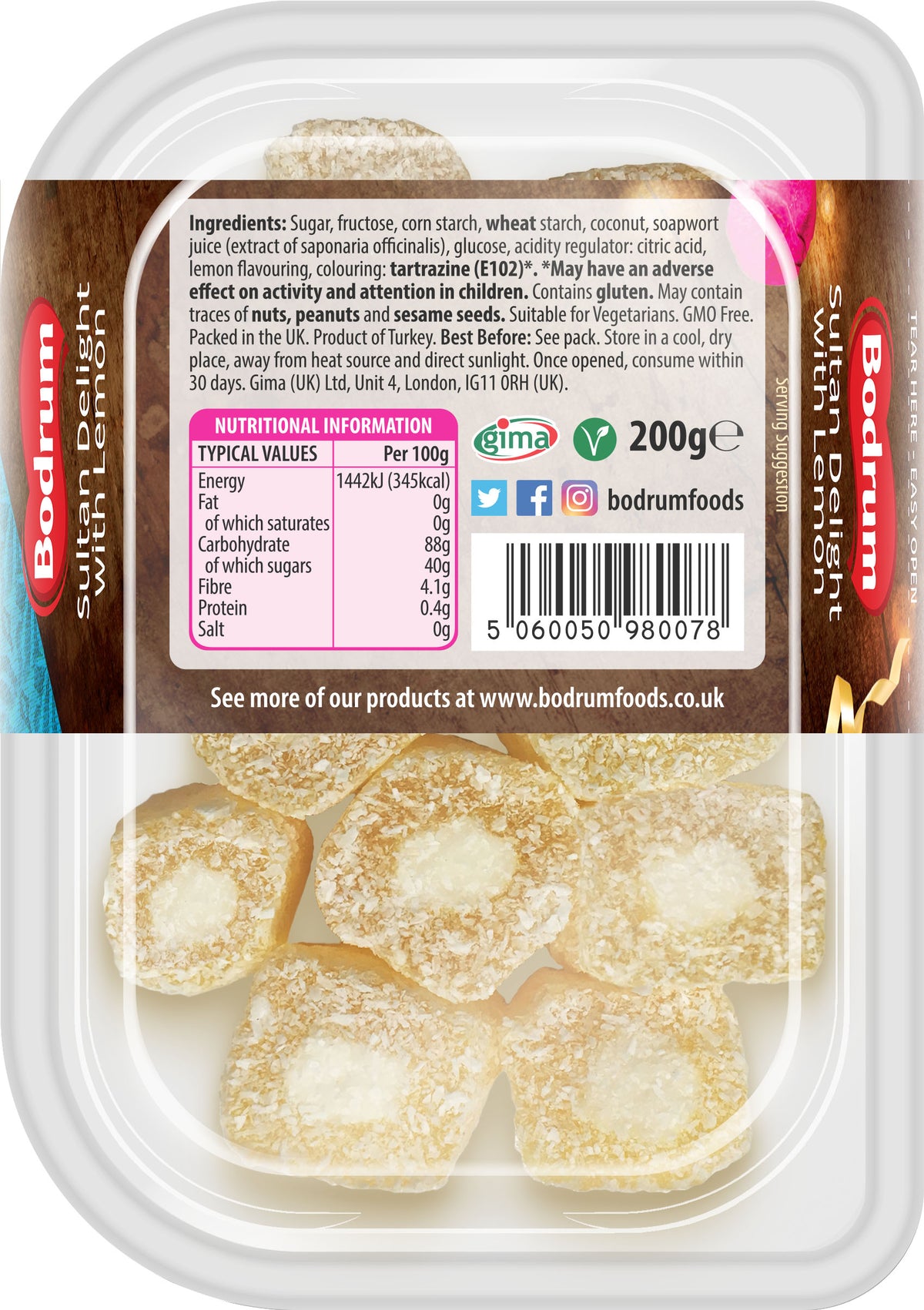 Packaged food product with Bodrum branding and nutritional information label.