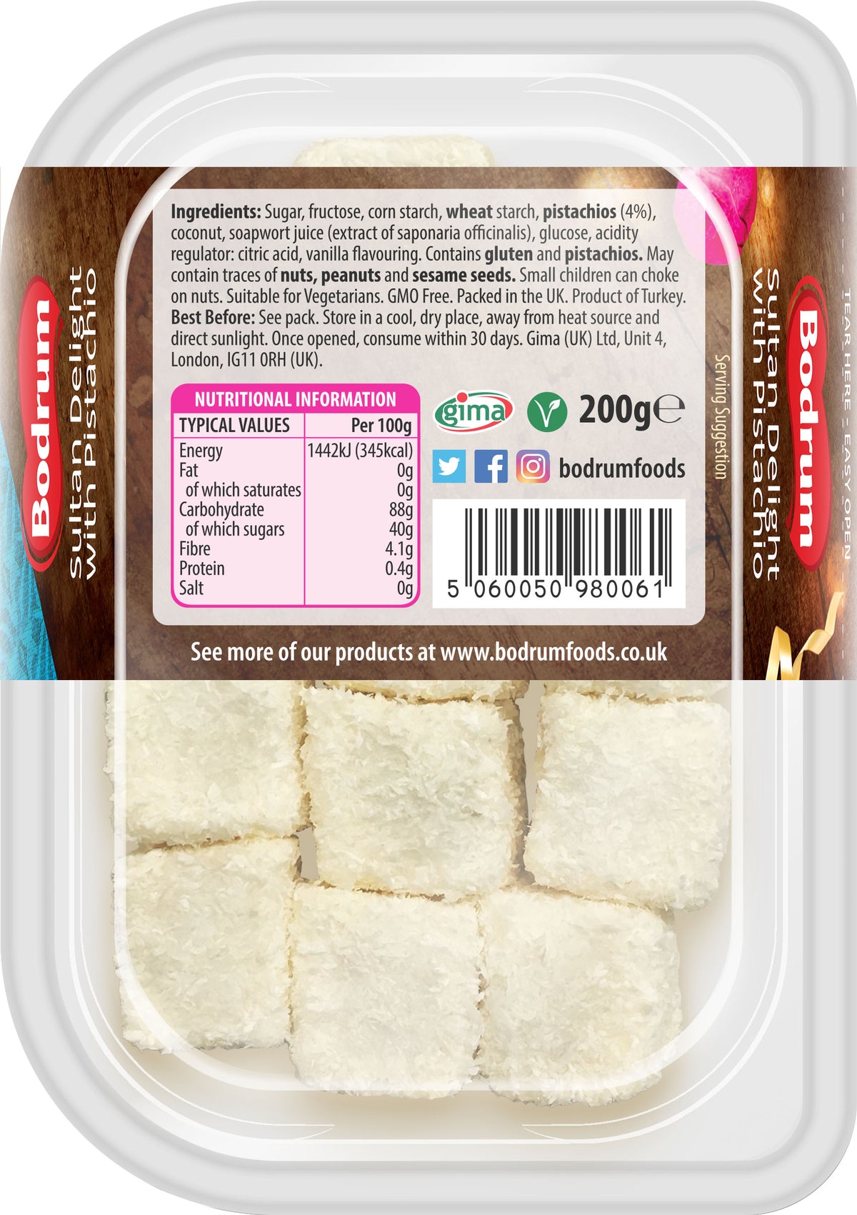 Packaged food product with Bodrum Foods branding and nutritional information label.