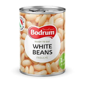 Can of Bodrum white beans on a white background
