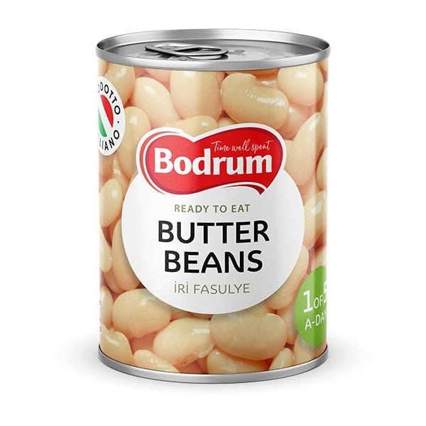 Can of Bodrum butter beans on a white background