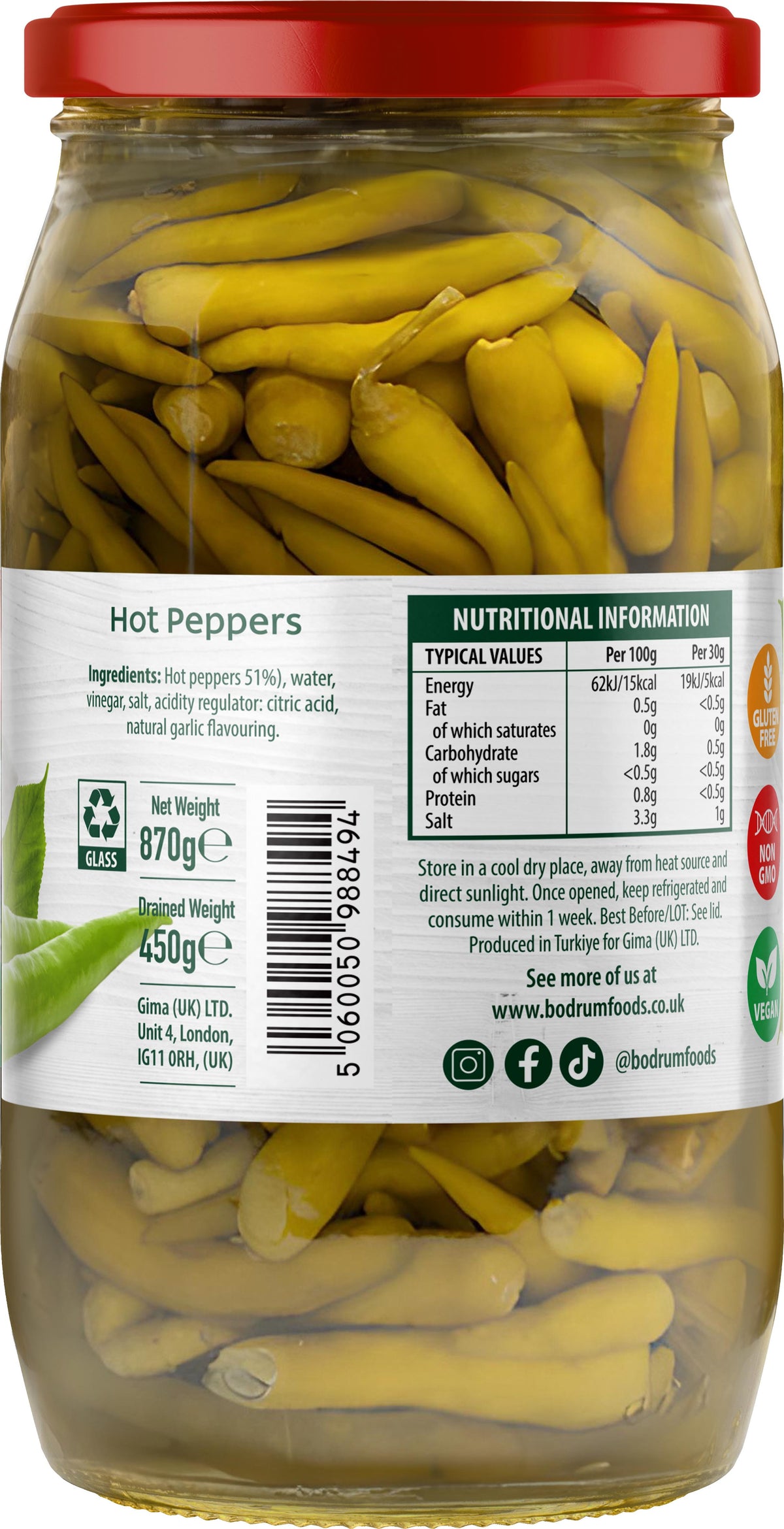 Jar of pickled hot peppers with a label showing nutritional information.