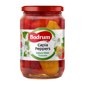 Jar of Bodrum Capia Peppers on a white background