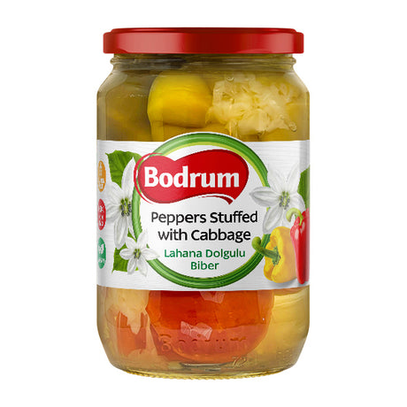 Jar of Bodrum Peppers Stuffed with Cabbage on a white background