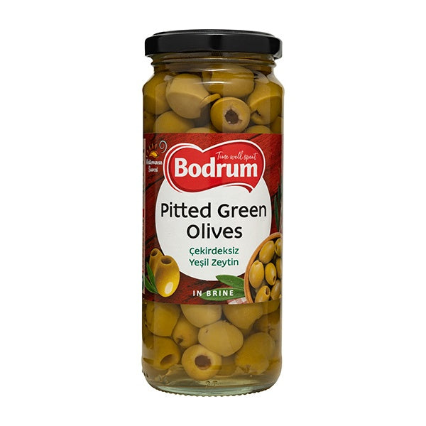Jar of Bodrum pitted green olives on a white background