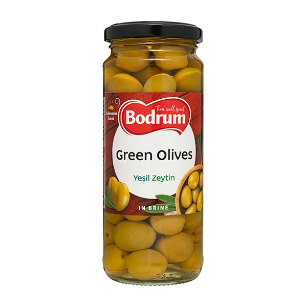 Jar of Bodrum green olives on a white background
