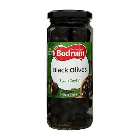 Jar of Bodrum Black Olives on a white background