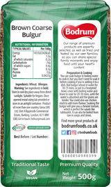 Bodrum brand brown coarse bulgur package with nutritional information and branding details.
