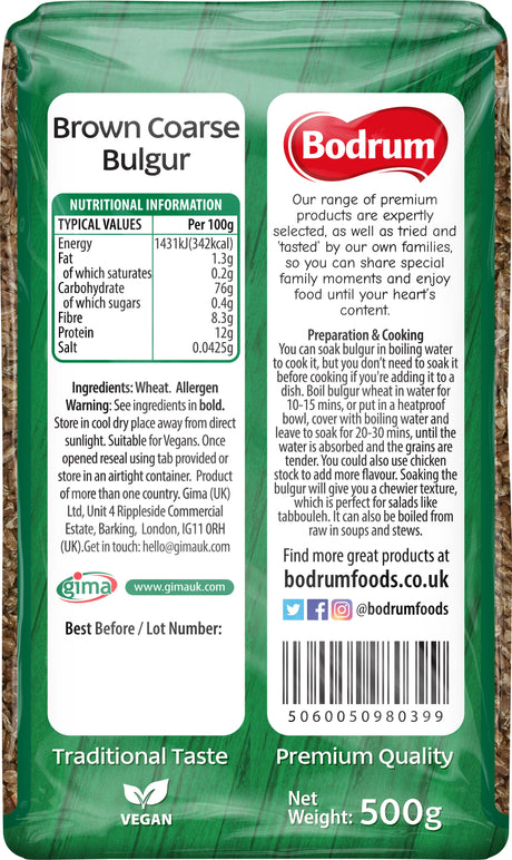 Bodrum brand brown coarse bulgur package with nutritional information and branding details.