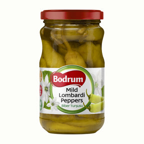 Jar of Bodrum Mild Lombardi Peppers on a white background