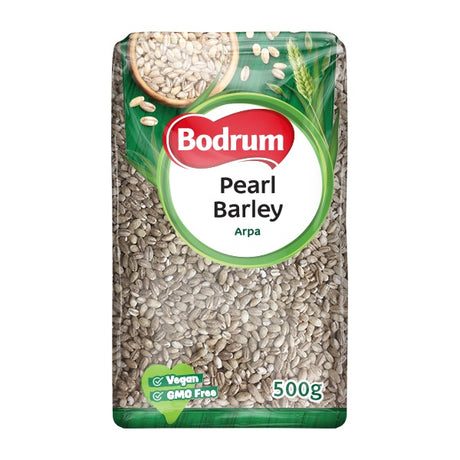 Packaging of Bodrum Pearl Barley on a white background