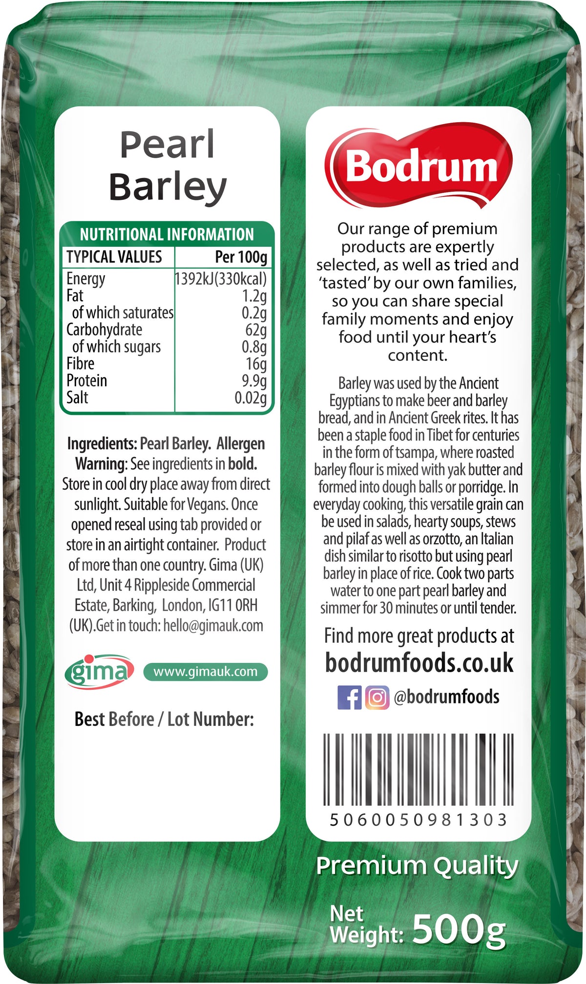 Bodrum brand pearl barley packaging with nutritional information and branding details.