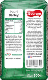 Bodrum brand pearl barley packaging with nutritional information and branding details.