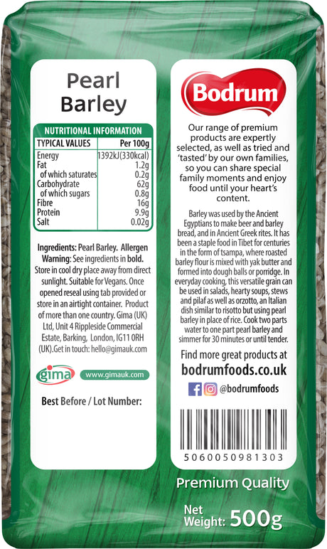 Bodrum brand pearl barley packaging with nutritional information and branding details.