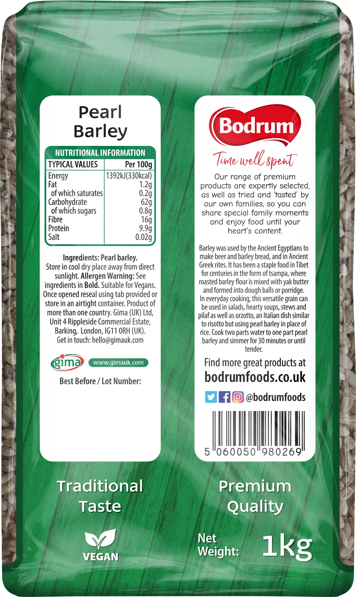 Bodrum pearl barley packaging with nutritional information and branding details.