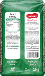 Bodrum pearl barley packaging with nutritional information and branding details.