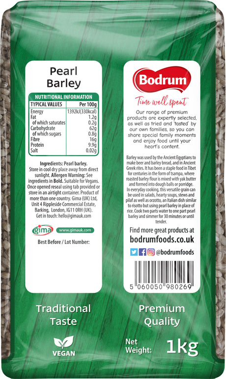 Bodrum pearl barley packaging with nutritional information and branding details.