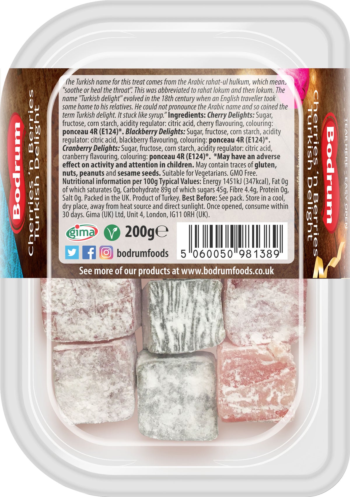 Packaged Turkish delight with Bodrum Foods label